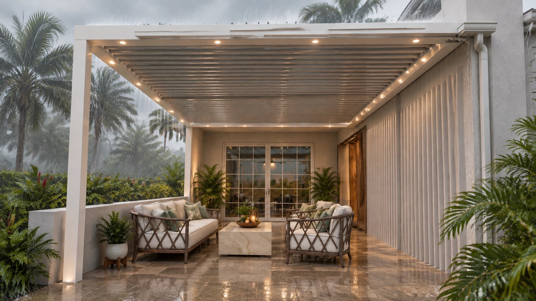 Modern motorized louvered roof attached to a South Florida home during a tropical rainstorm, with closed louvers, integrated drainage, and wet patio pavers