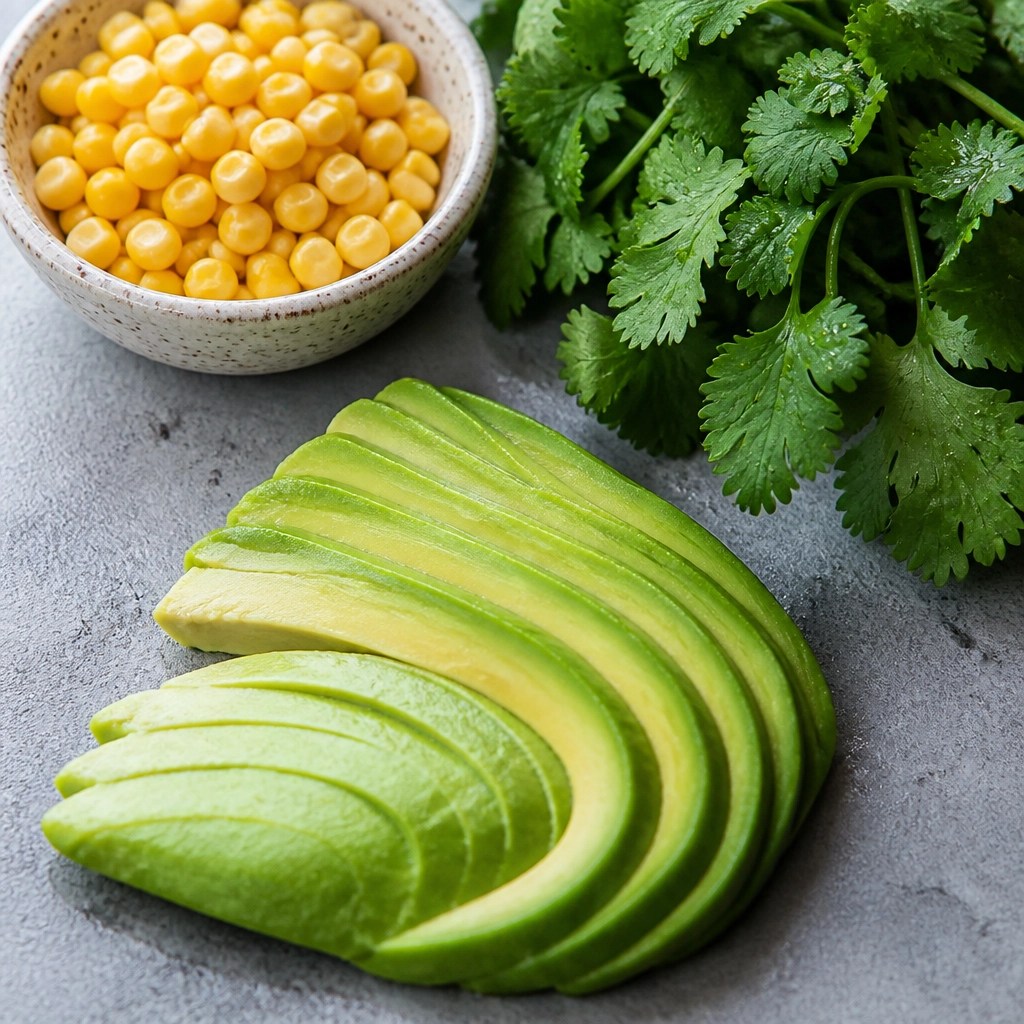 Ingredientes frescos y vitales como aguacate y cilantro, esenciales para equilibrar las cualidades de la arepa según los principios del Ayurveda.