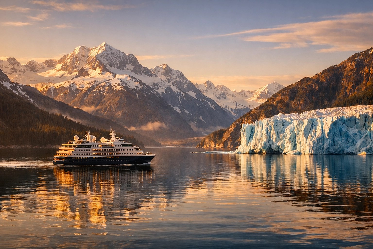 Luxury expedition cruise ship sailing through Alaska's Inside Passage with glaciers and mountains
