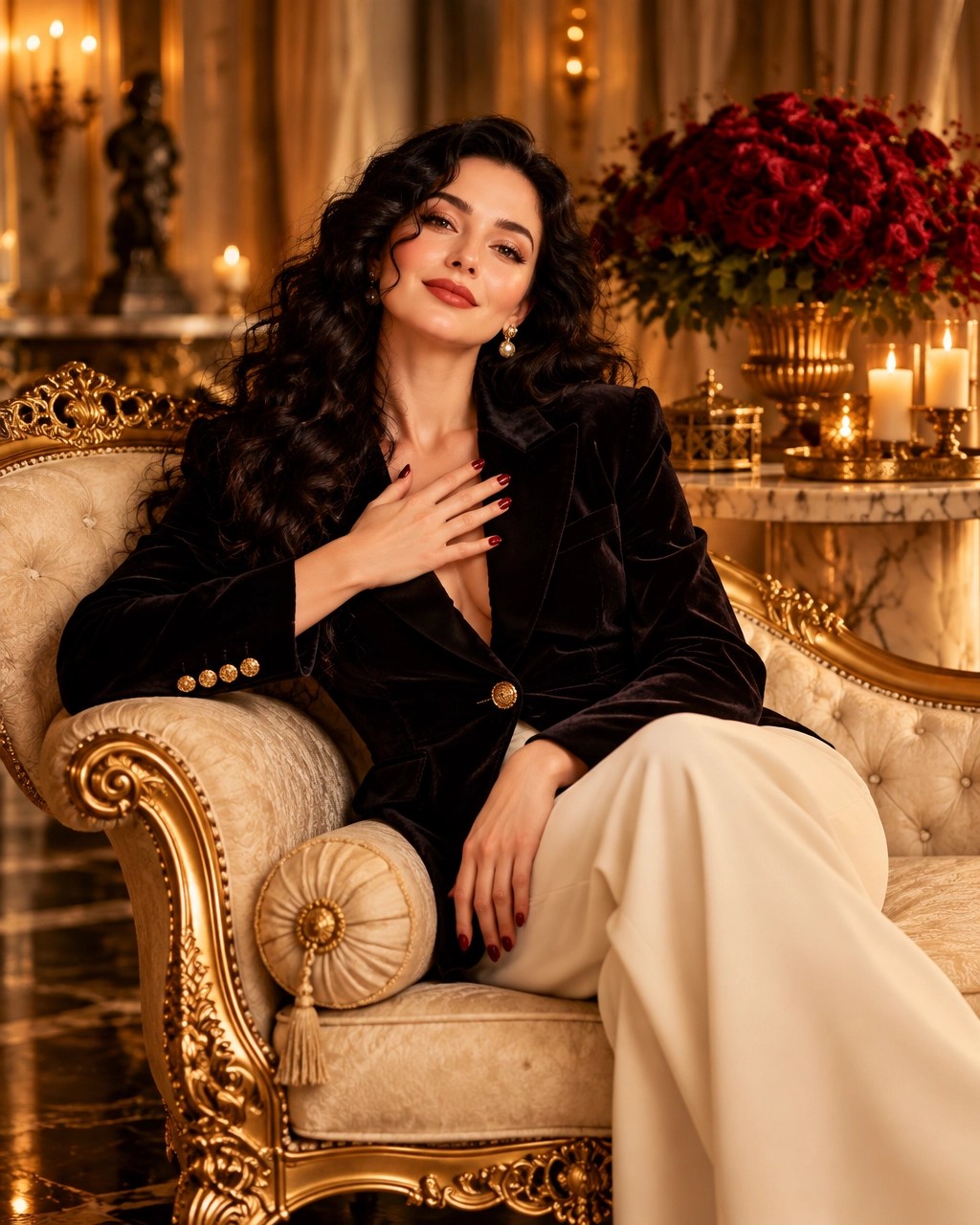 An amber candle, gold pen, blank journal, and phone resting face down beside red peony petals on silk and marble
