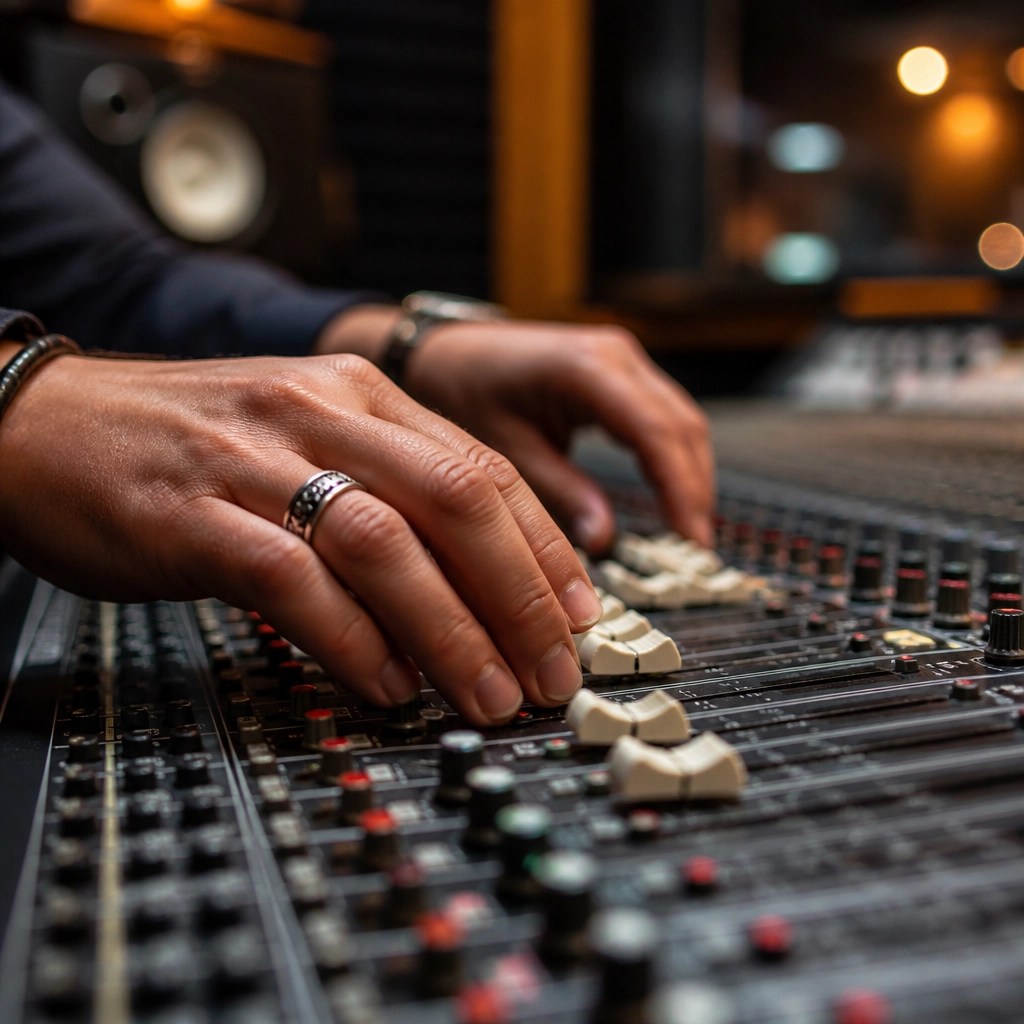 Close-up of a musician's hands adjusting a mixing console, symbolizing the work that goes into independent success