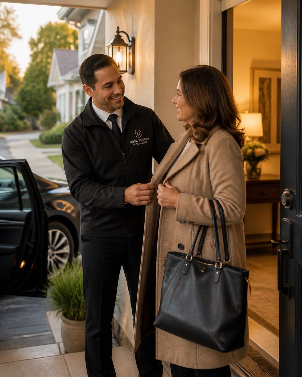 A friendly professional driver helping a passenger at their front door.