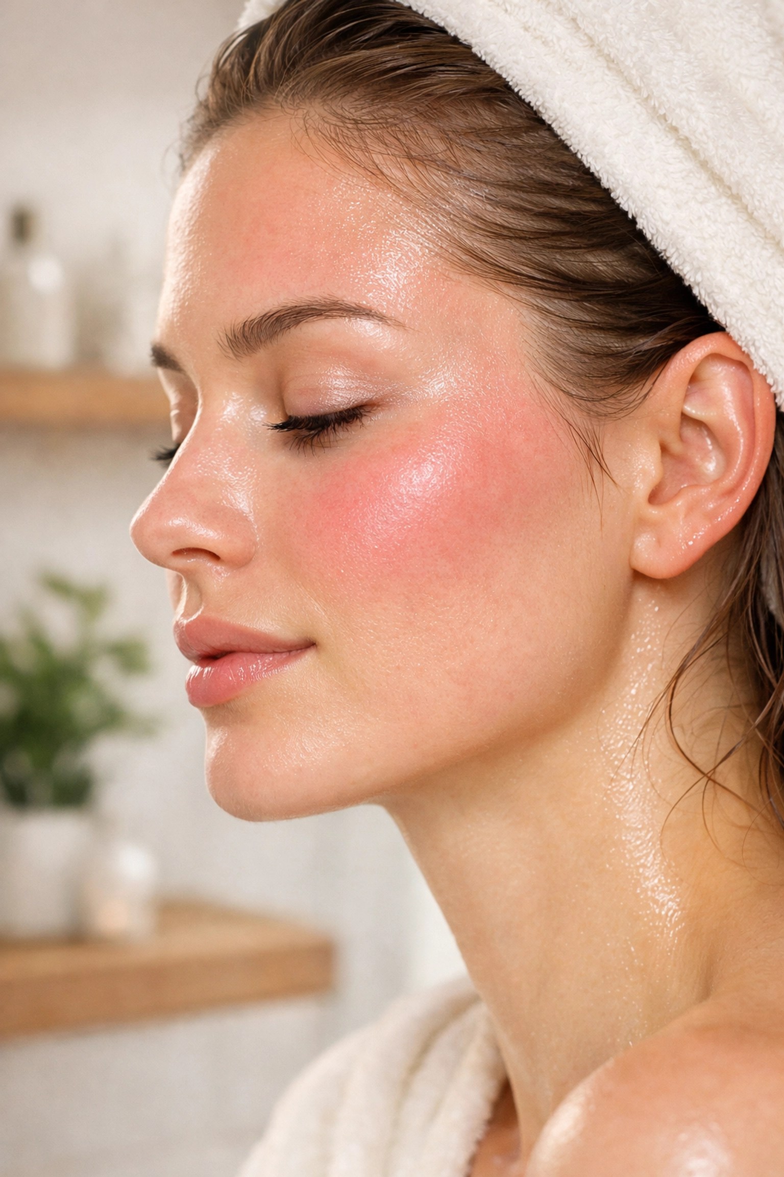 Healthy pink flush on a woman's face after removing a bentonite clay mask to improve circulation.
