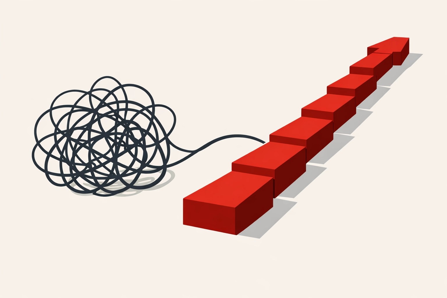 Graphic showing tangled lines turning into a straight path, symbolizing business clarity through OD consulting.