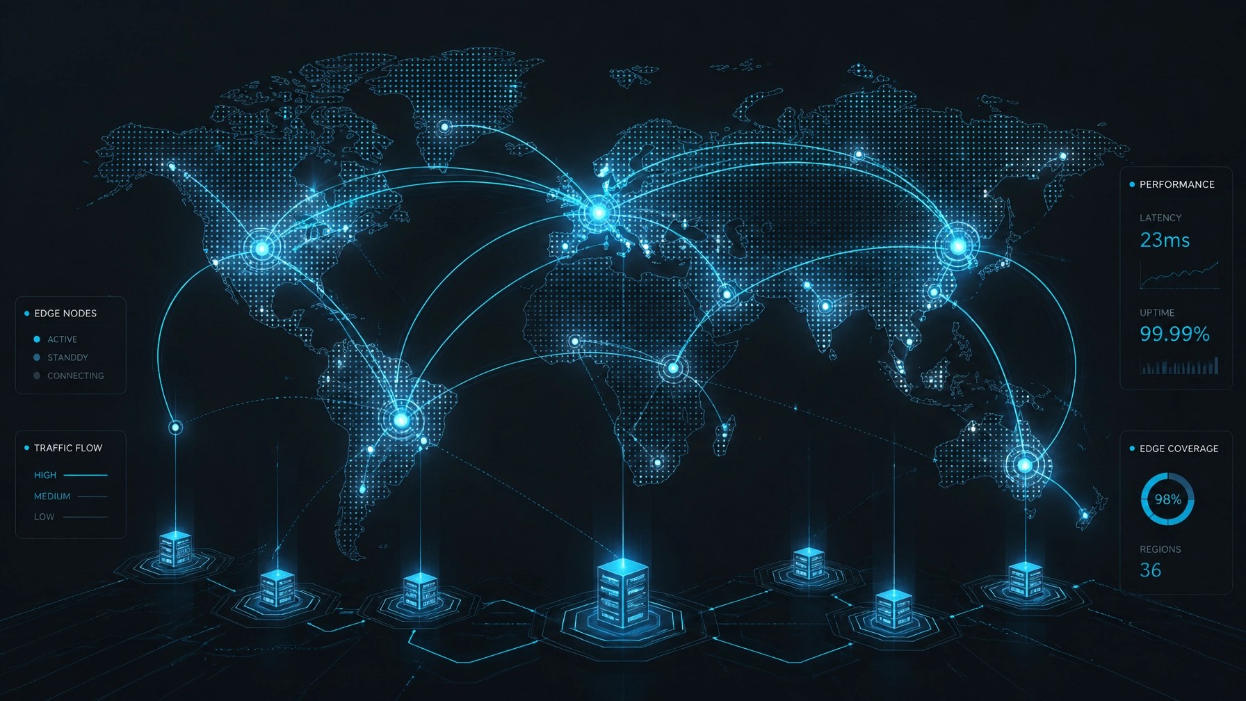 Abstract tech visual representing global edge delivery and interconnected data flows.