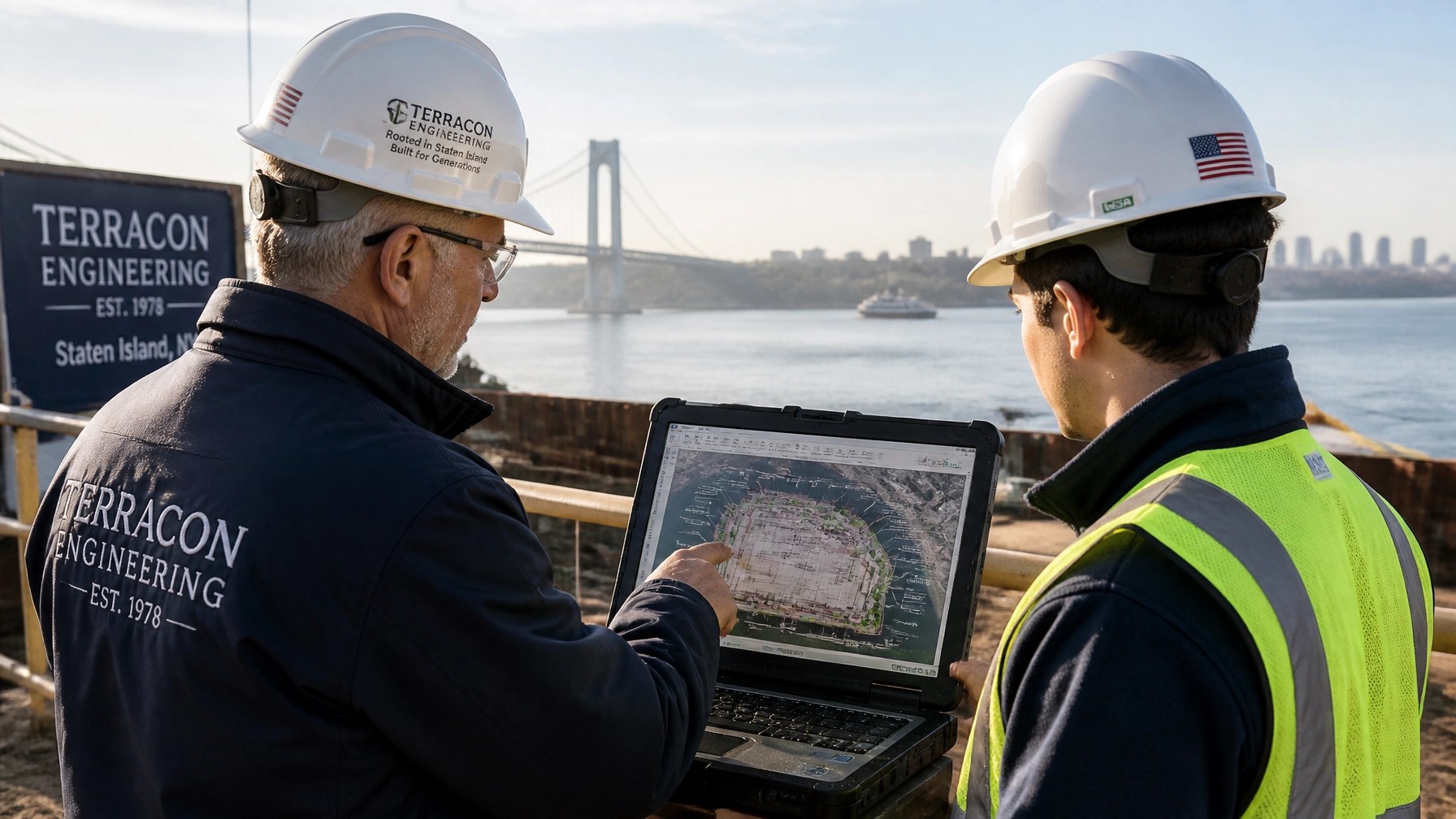 A visionary scene depicting the transition of generations at a family-owned engineering firm. An experienced senior engineer and a young professional engineer are standing together at a site in Staten Island, reviewing a site plan.