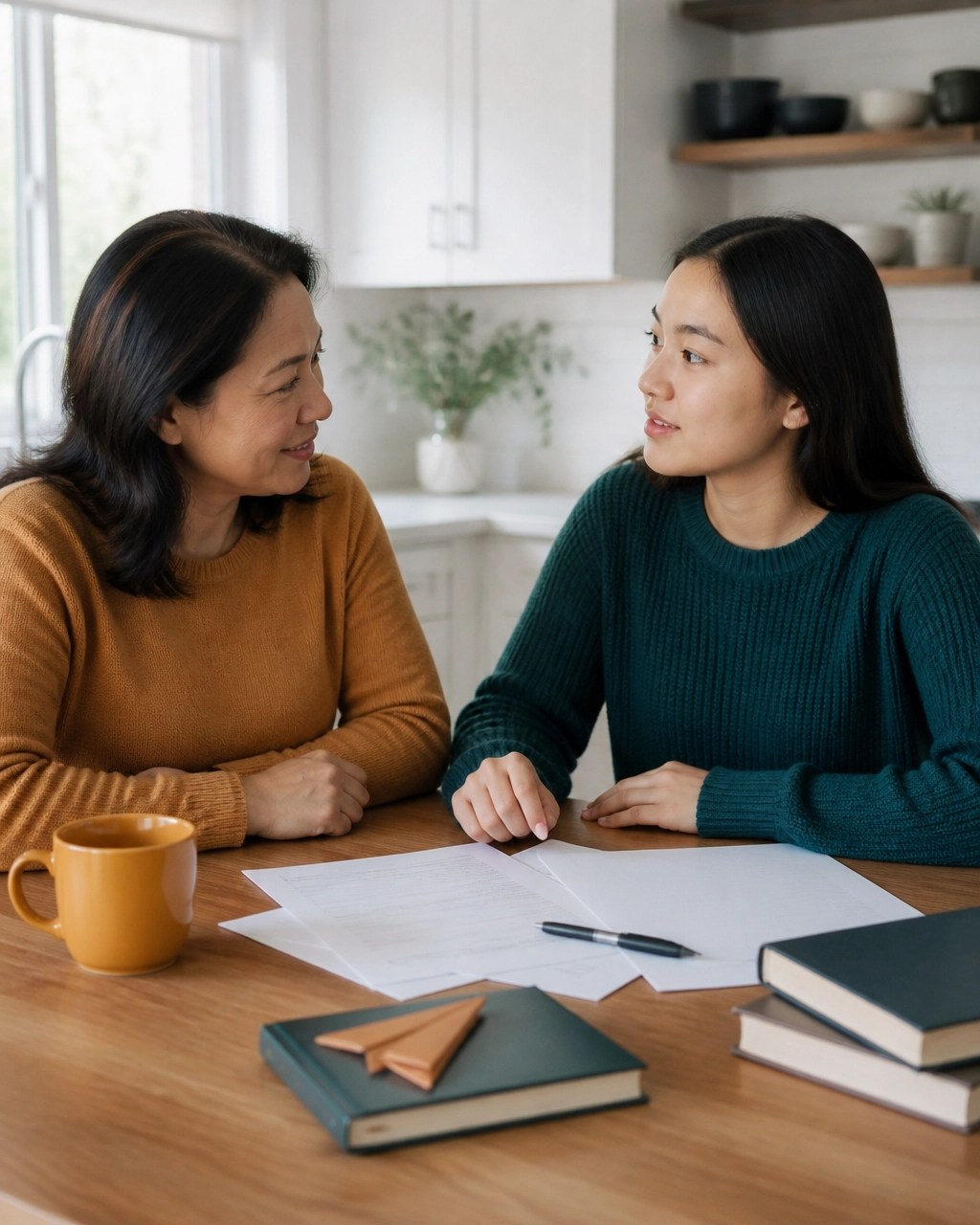A college student and parent discussing a blank budget worksheet and education plans during a calm family conversation