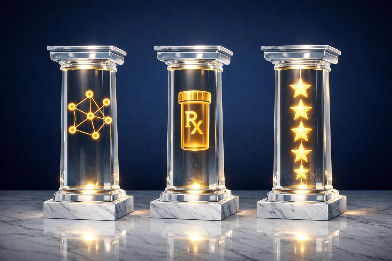 Three pillars representing Medicare network size, prescription drugs, and plan star ratings.