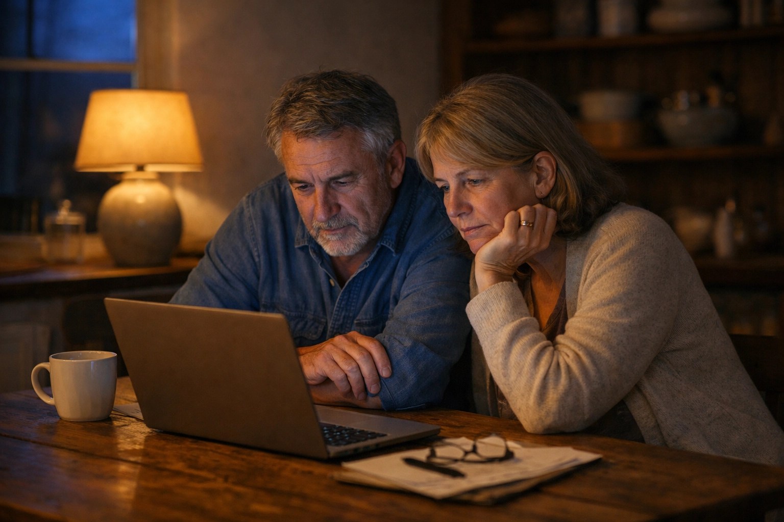 Senior couple at a kitchen table discussing the impact of debt on their family's retirement future.