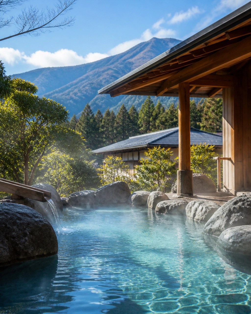 Bright daytime view of an elegant Hakone onsen ryokan surrounded by forest
