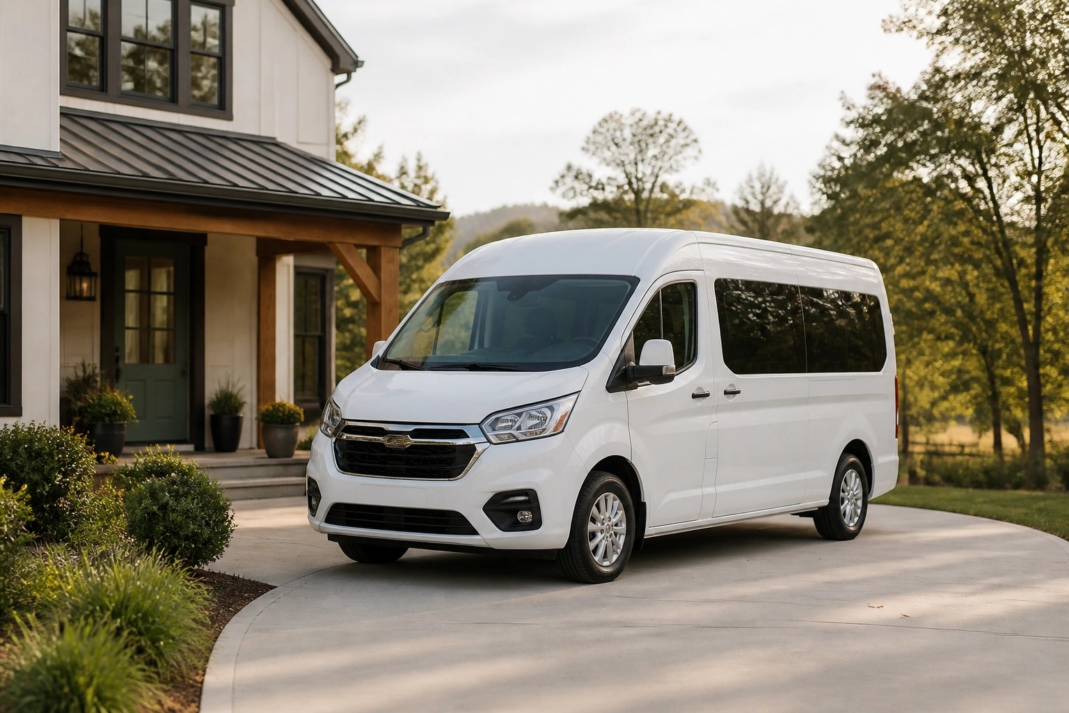 A professional medical transport van in a rural driveway, ready for a scheduled healthcare appointment.