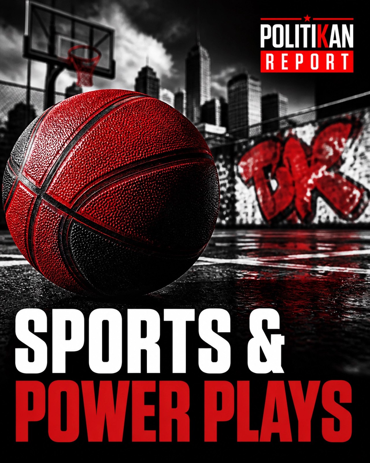 Basketball on urban court with PolitiKan branding