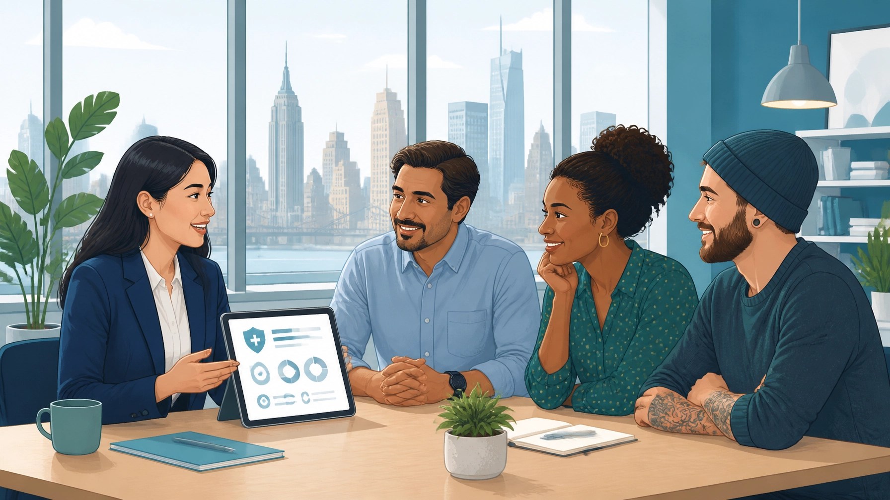 New York small-business team discussing employee benefits enrollment with a trusted insurance advisor