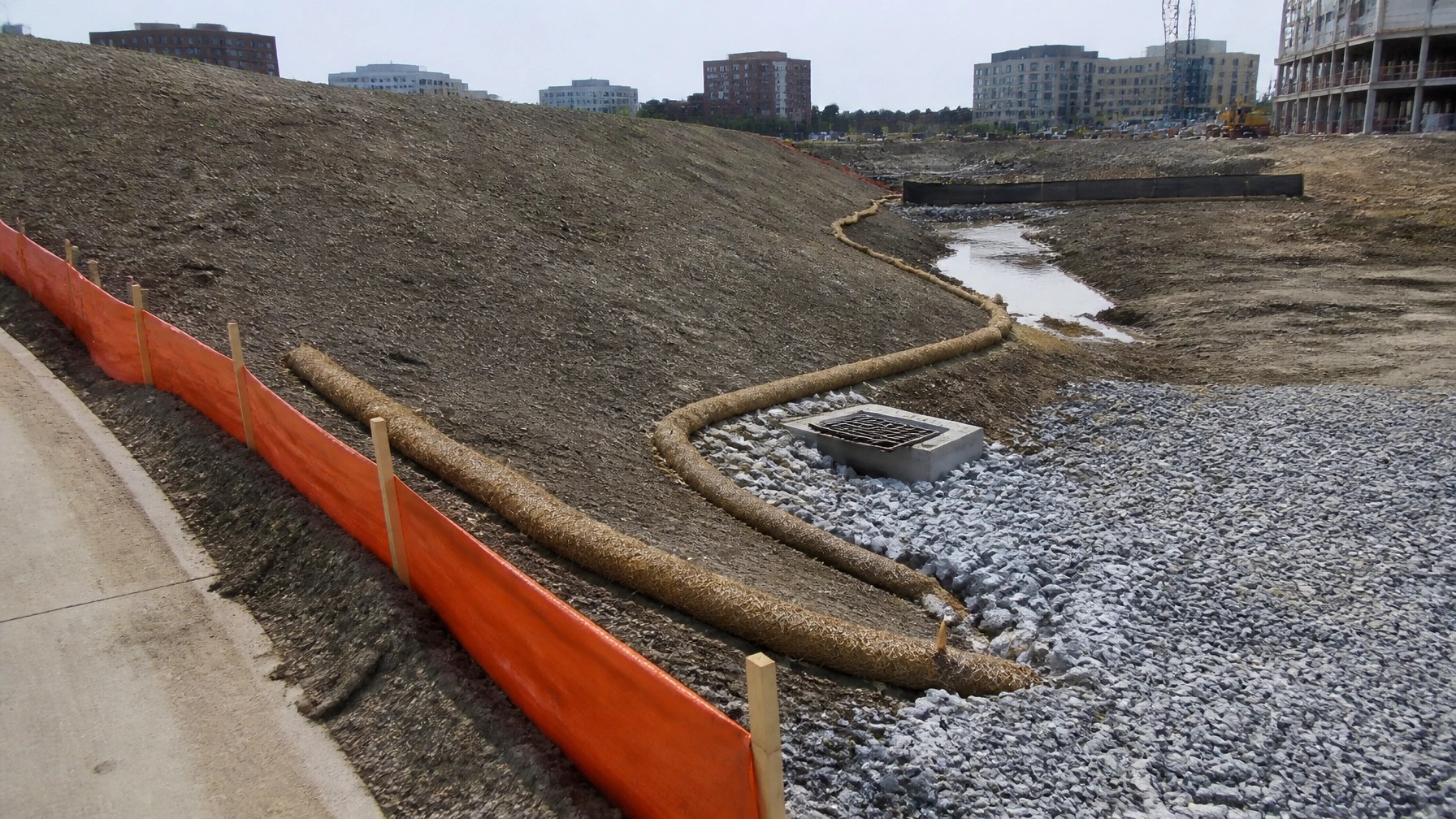 Close view of silt fence, straw wattles, inlet protection, and a stabilized drainage channel at an urban construction site