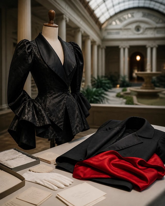 Archival fashion materials and a covered display suggest an exhibition halted before opening