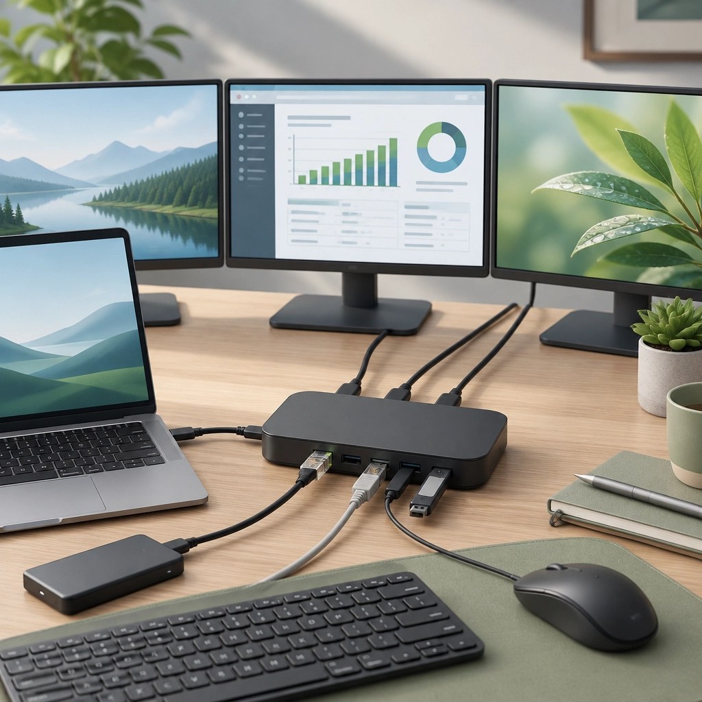 A generic USB-C docking station connecting a laptop to three monitors and desk peripherals