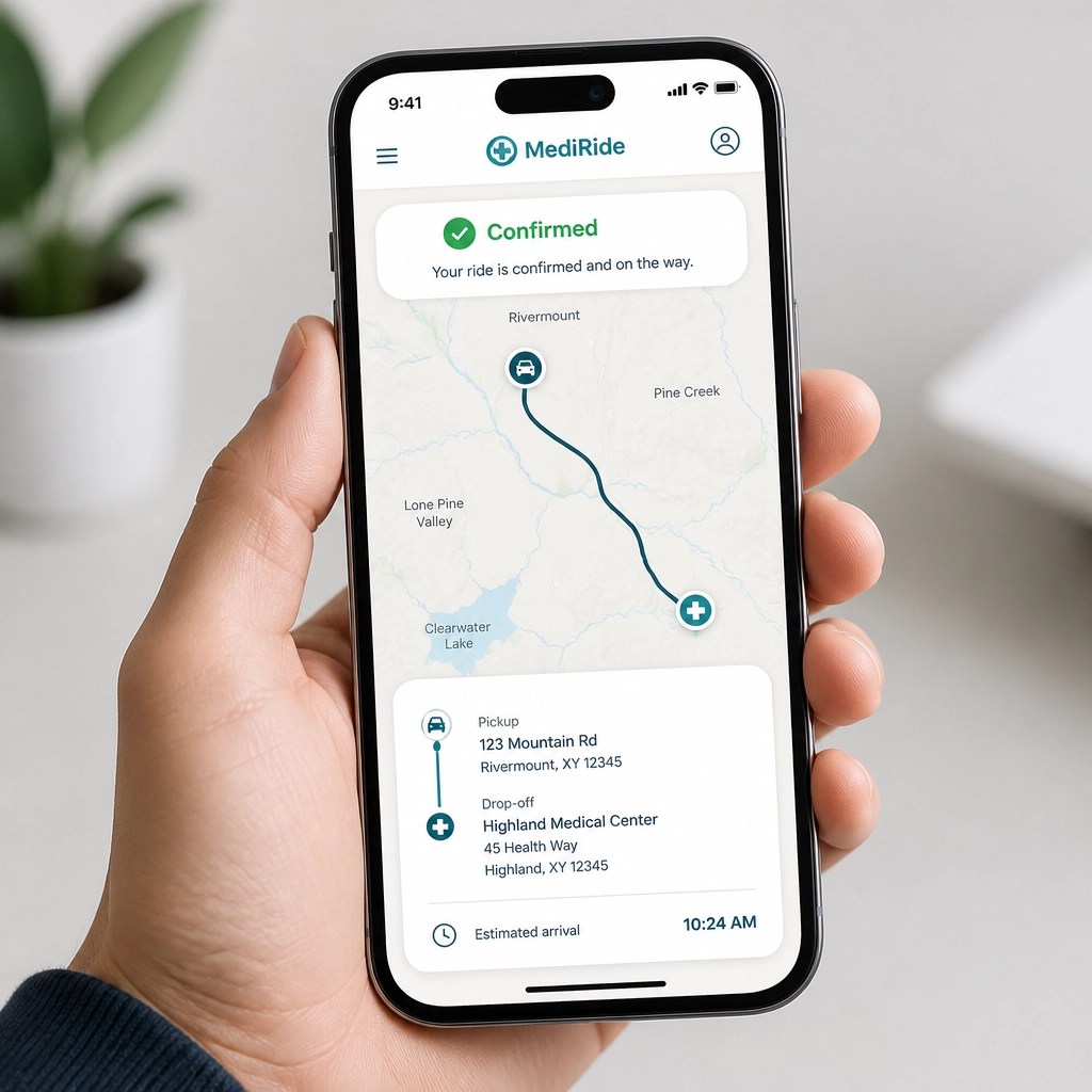 A smartphone showing a confirmed rural booking