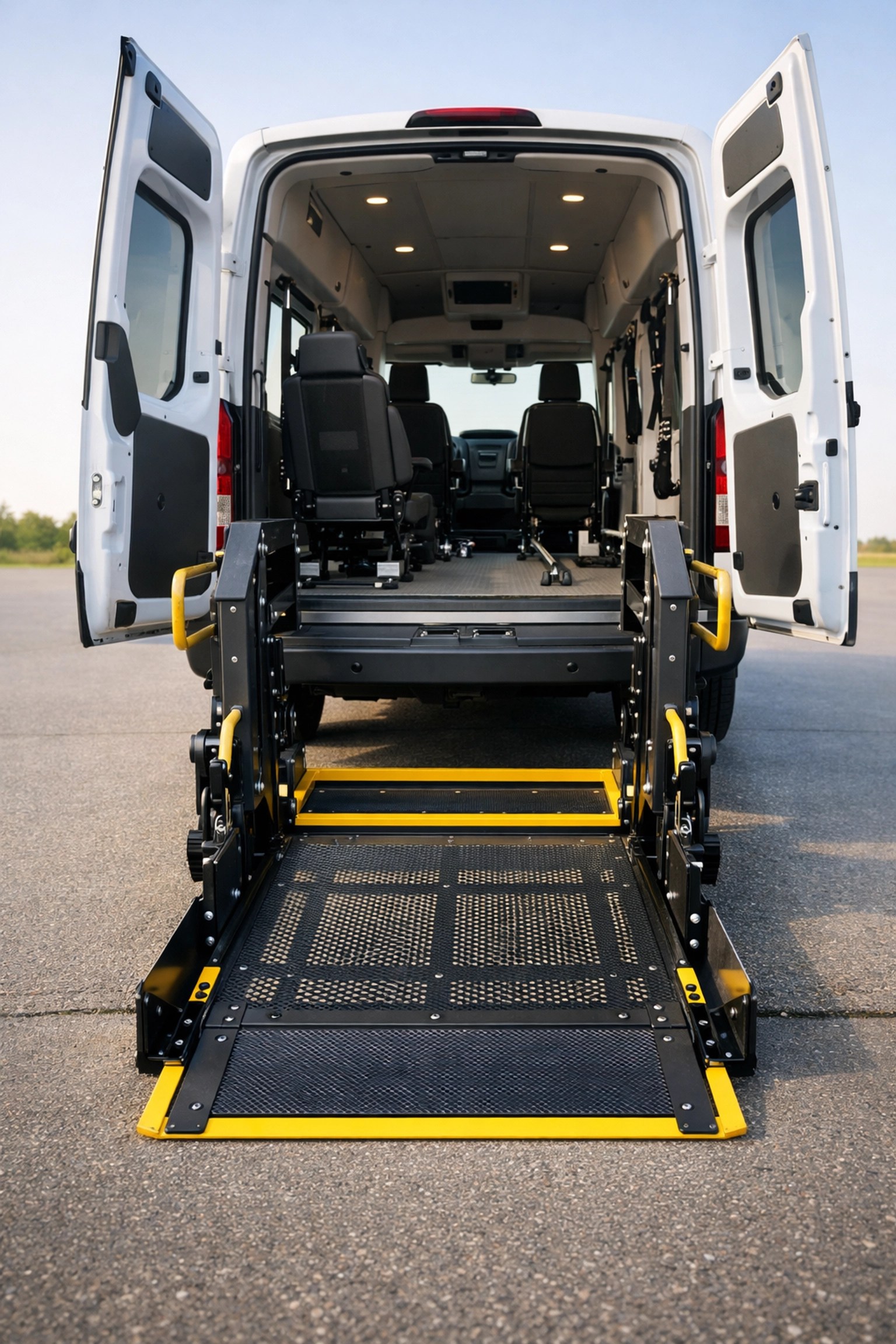 A medical transport van with its wheelchair lift deployed for accessible healthcare transportation.