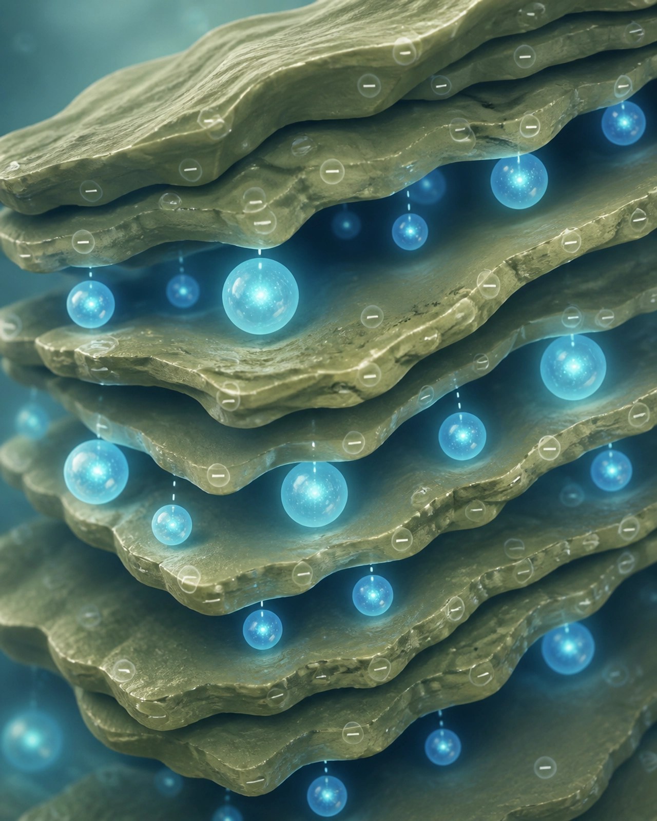 Abstract visualization of clay particles trapping toxins