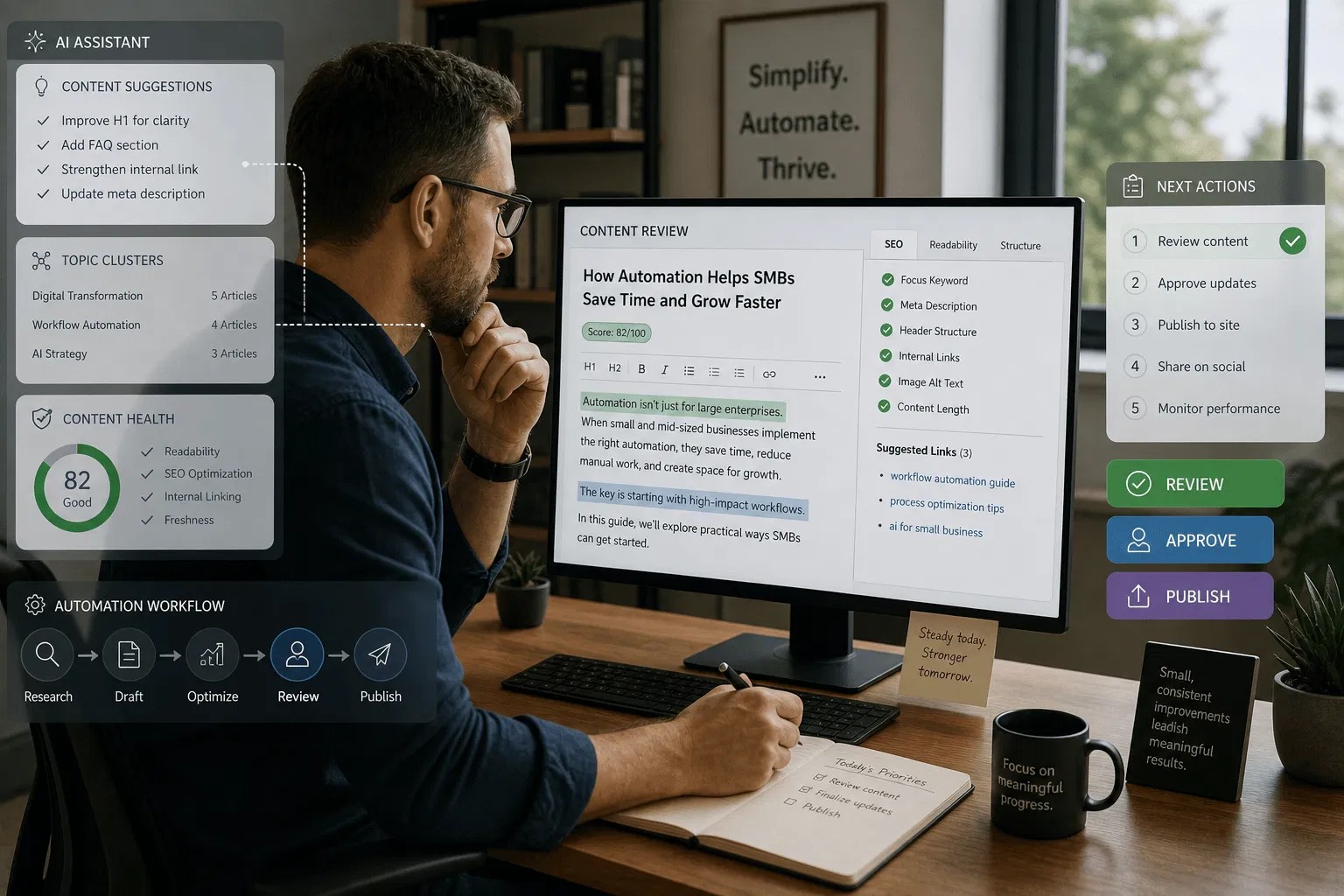 A professional using an optimization dashboard to maintain website health and content consistency.