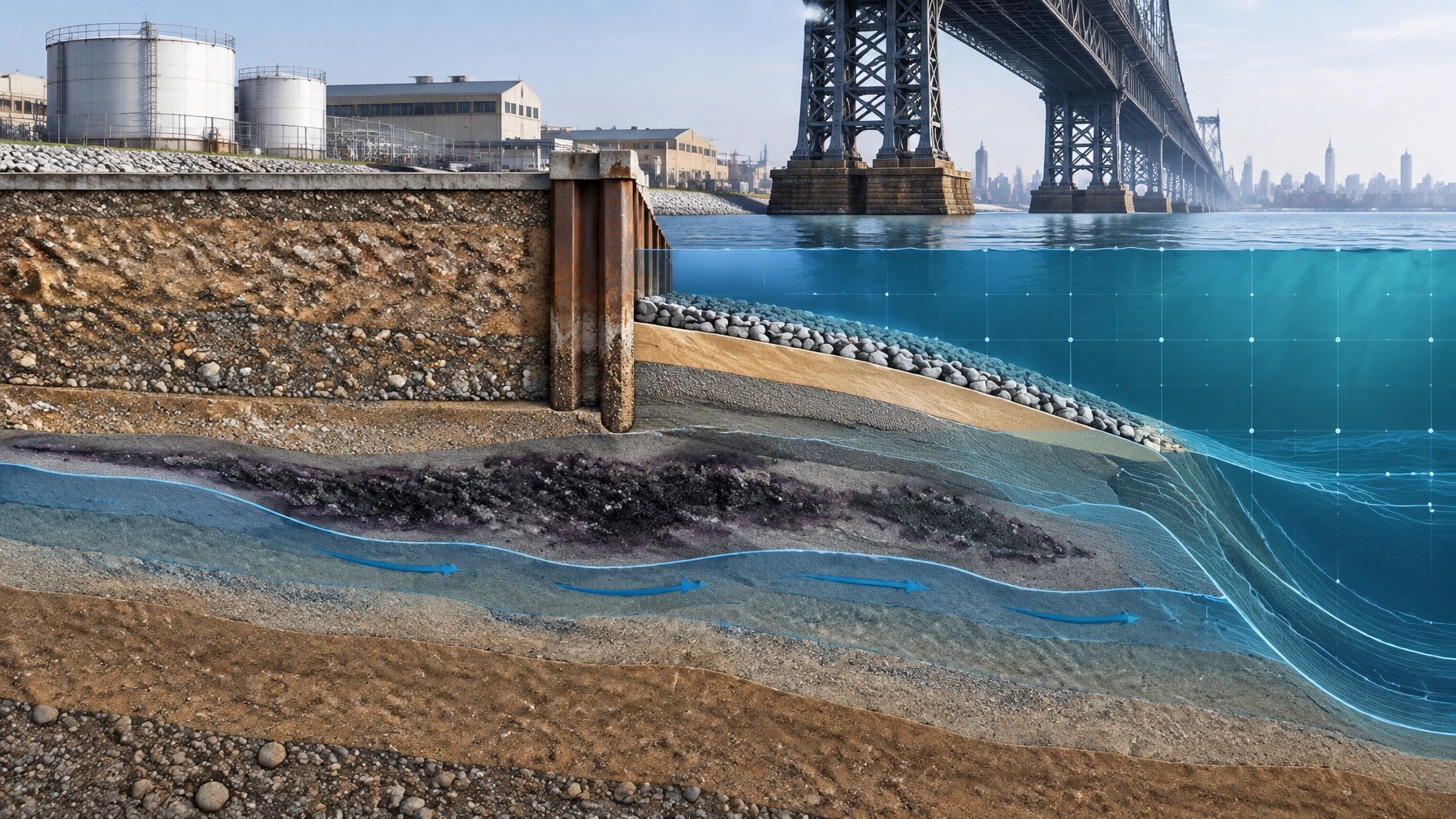 Technical cutaway illustration of a waterfront bulkhead, historic fill, contaminated nearshore sediment, groundwater interface, and engineered sediment cap