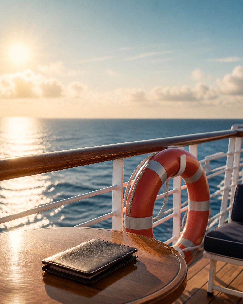 Open ocean and a quiet cruise deck with a travel wallet symbolizing peace of mind