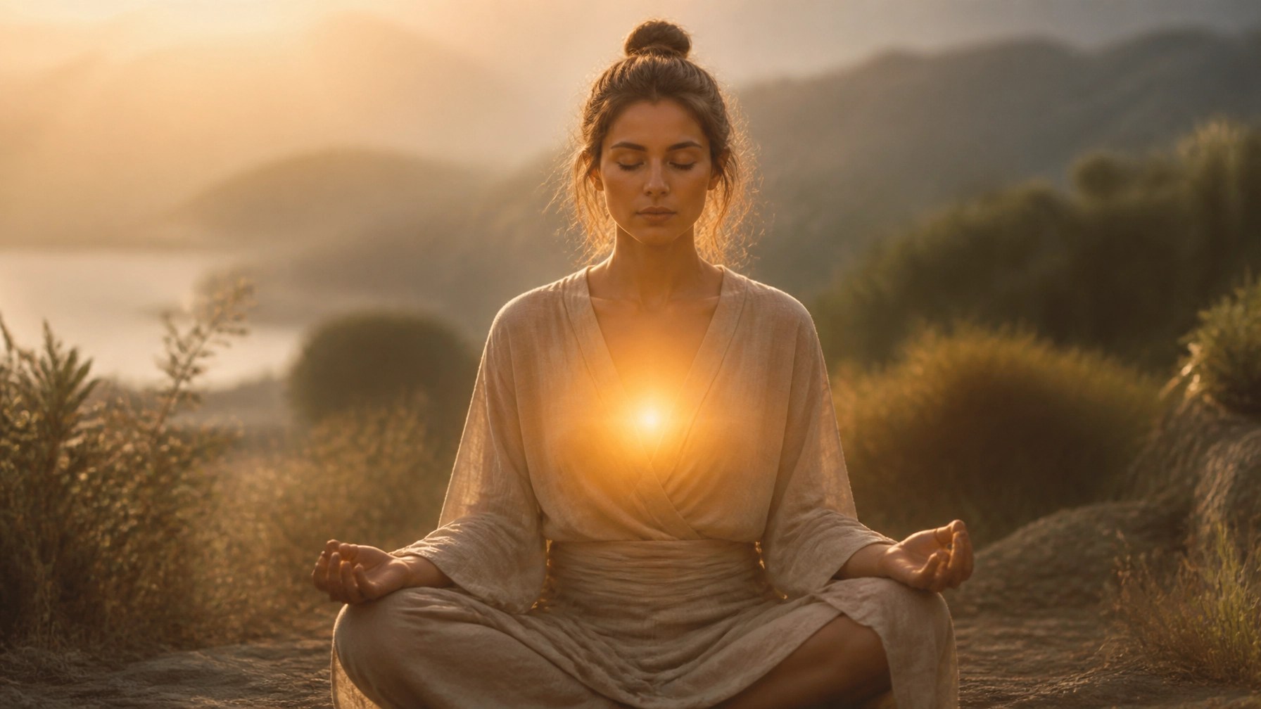A serene woman sitting in a meditative pose at dawn, a warm golden glow emanating from her center.