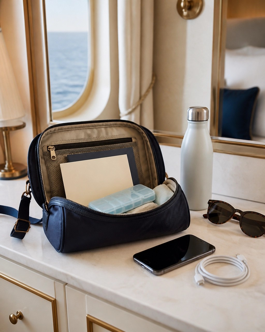 Luxury cruise embarkation day bag with documents, phone, charger, medication, and sunglasses