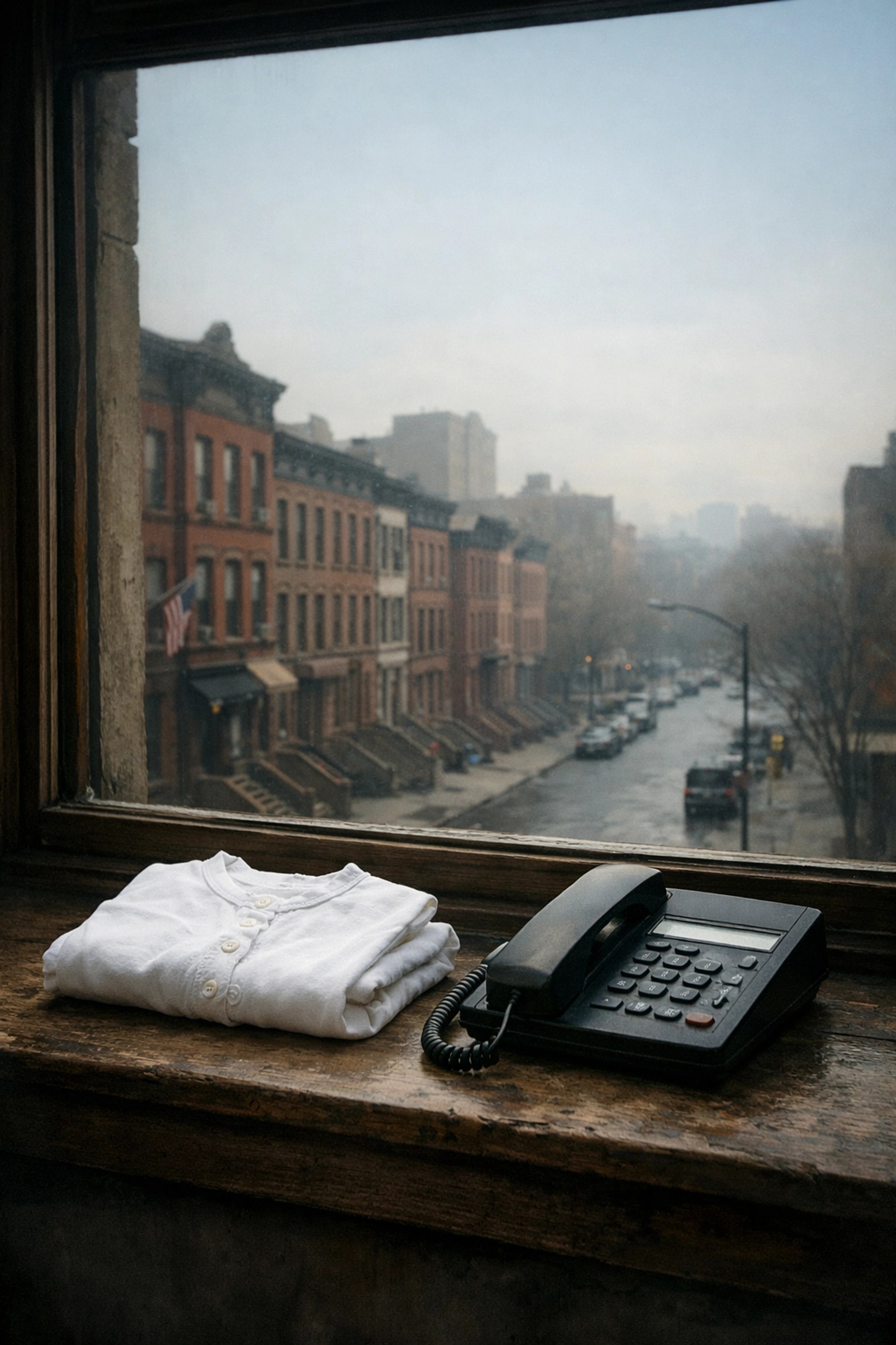 Baby clothes and a telephone on a Harlem windowsill overlooking a quiet New York City street.