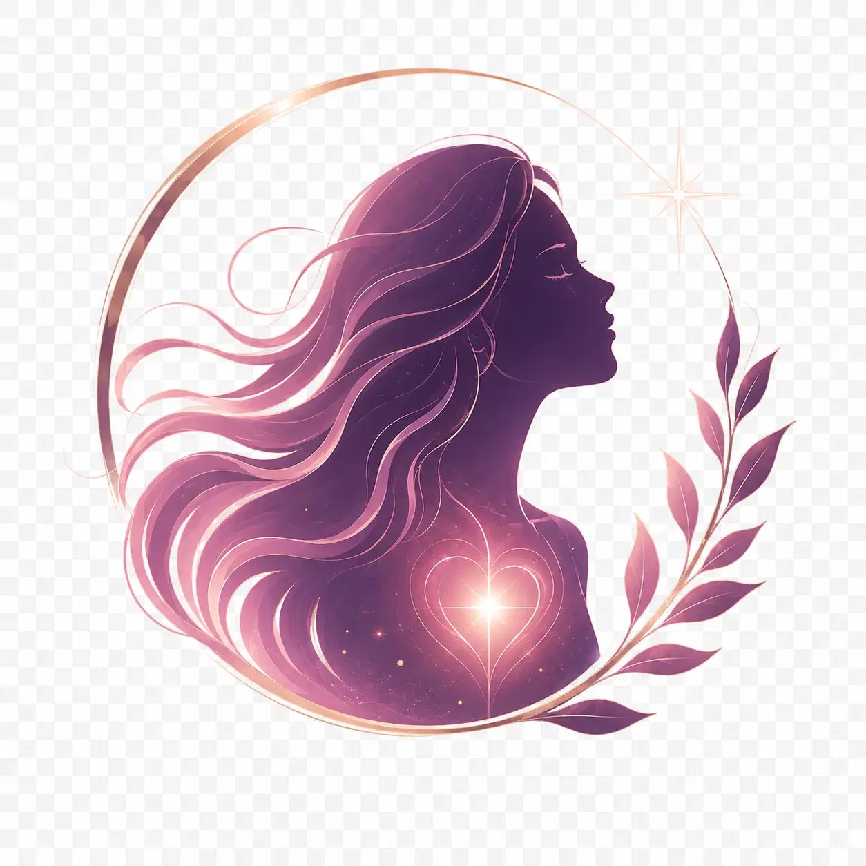 An illustration of a woman’s profile with a glowing heart radiating from her chest, symbolizing inner peace and feminine strength.