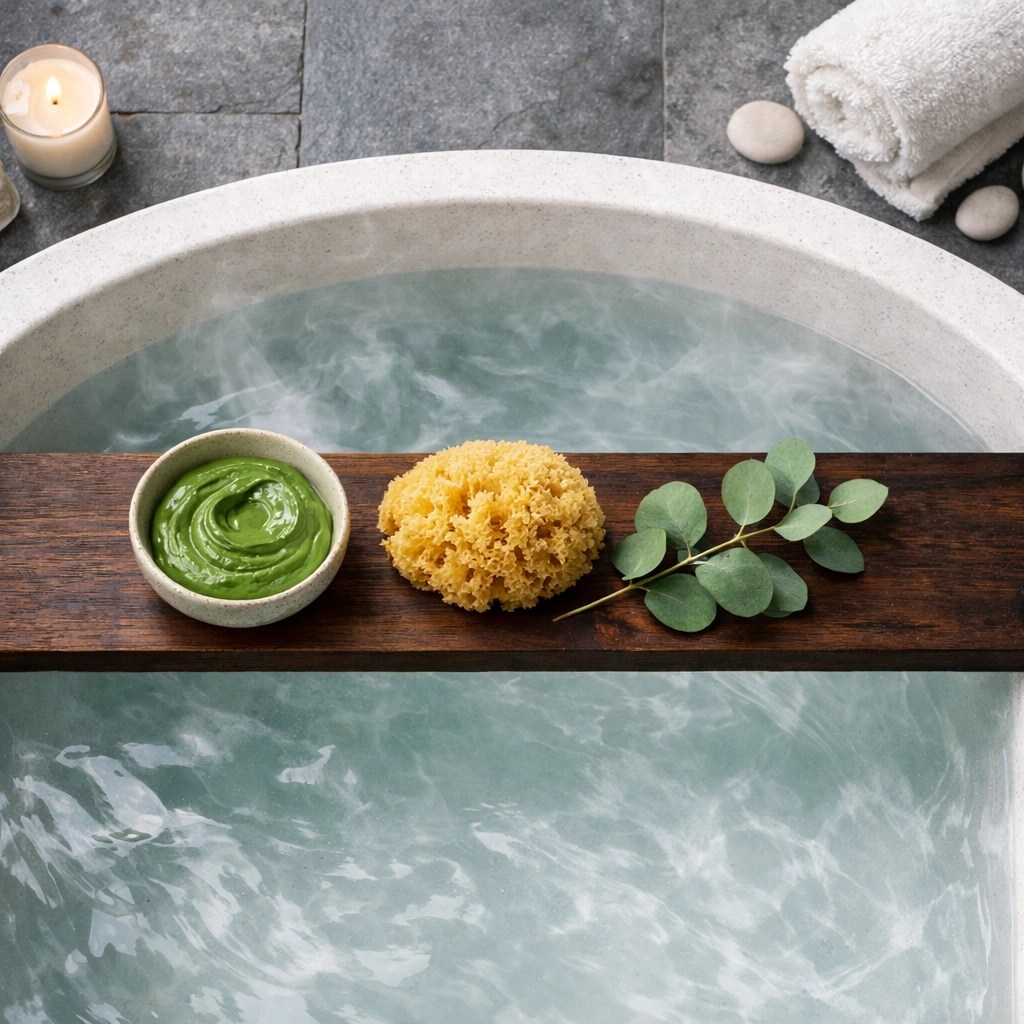 Restorative home spa bath with green clay paste for deep tissue healing and yoga muscle recovery.
