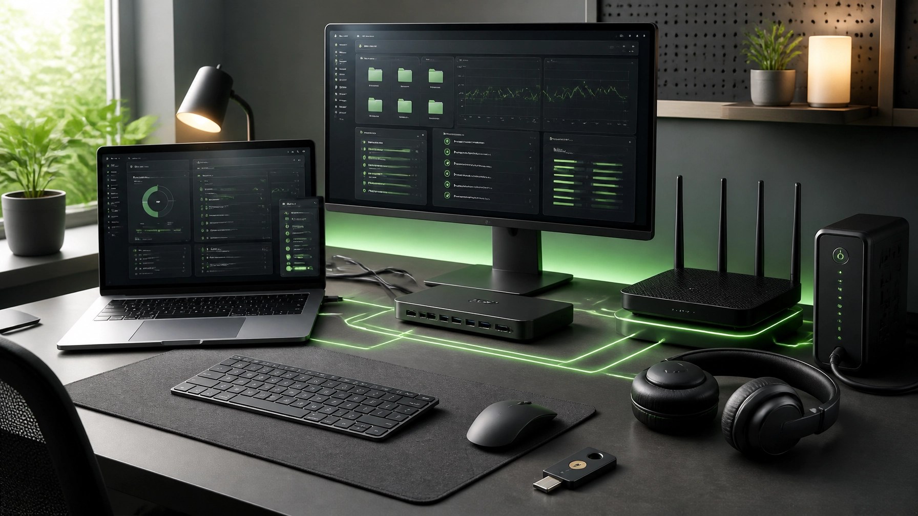 Optimized home office with secure connectivity and productivity hardware