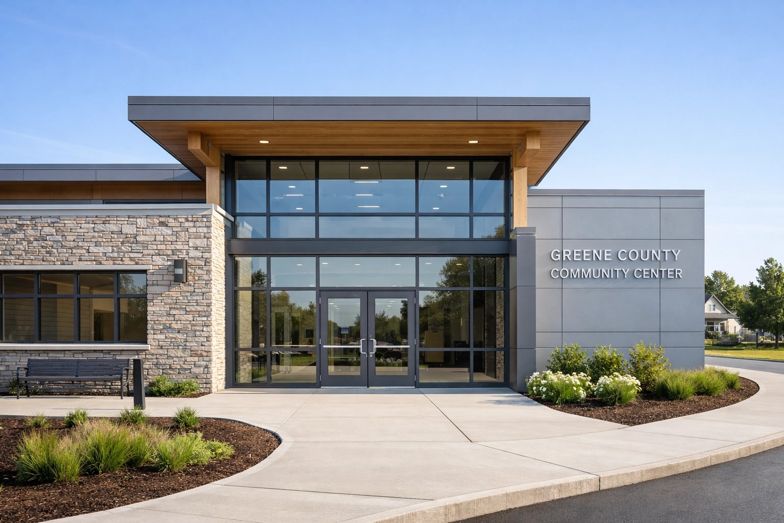 Contemporary school building entrance reflecting quality Greene County Ohio school districts.
