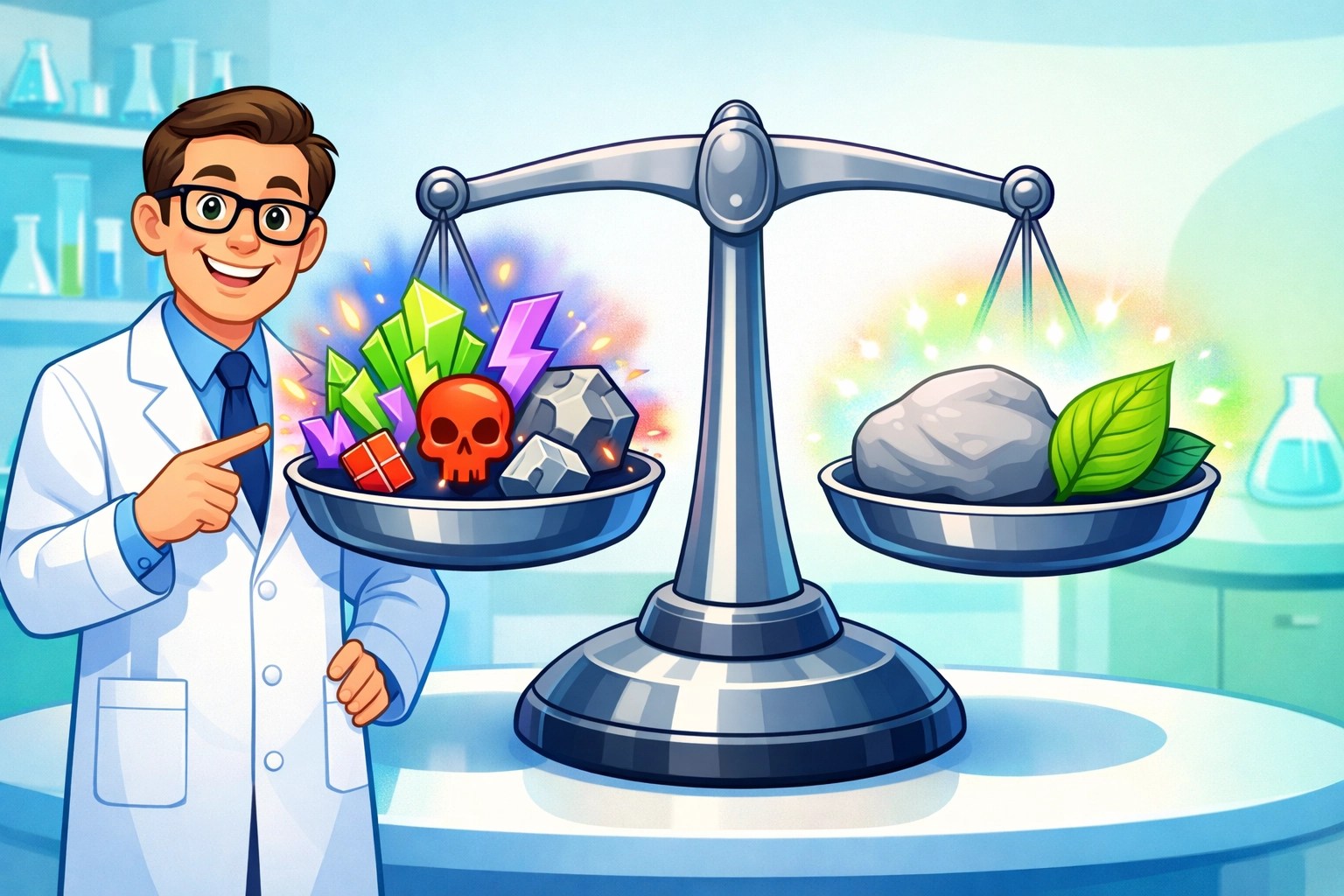 Chemist comparing synthetic chemicals to natural mineral clay on a scale for healthy deodorant ingredients.