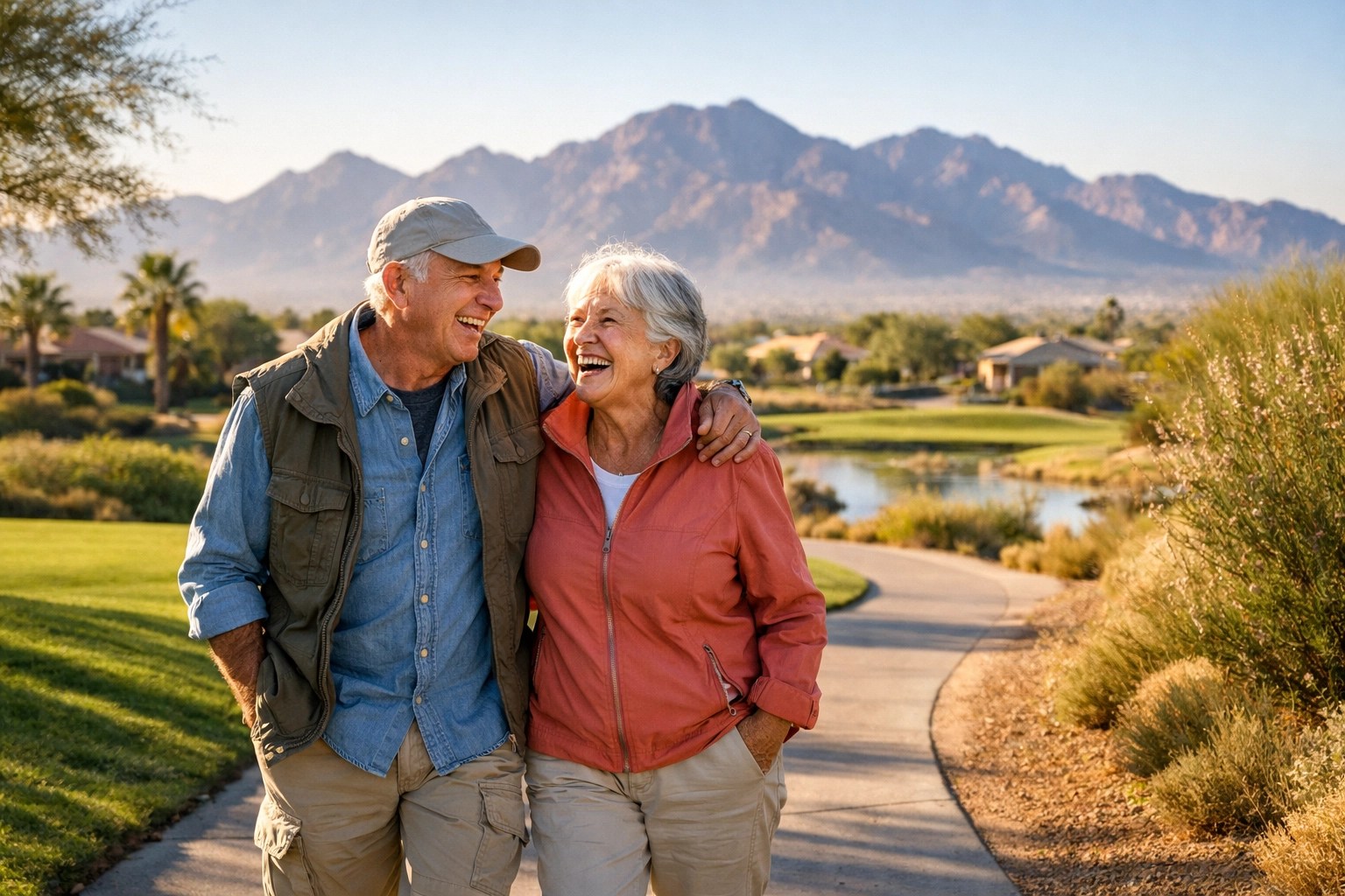 Retired couple enjoying a Casa Grande 55+ community with peace of mind after estate planning.