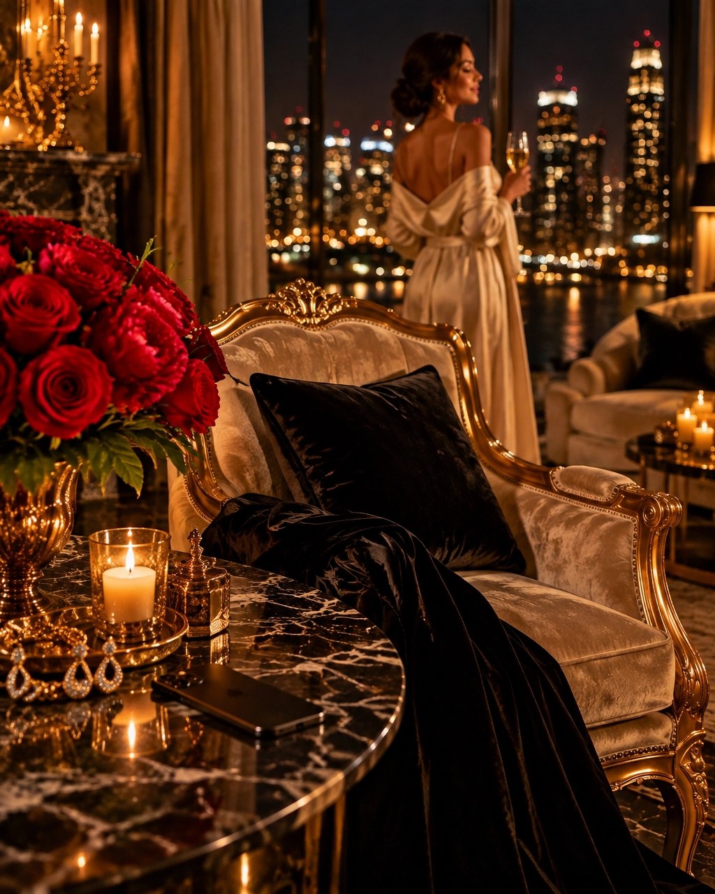 Elegant black evening dress beside red roses in a gold-accented penthouse, celebrating divine feminine awakening and manifesting love