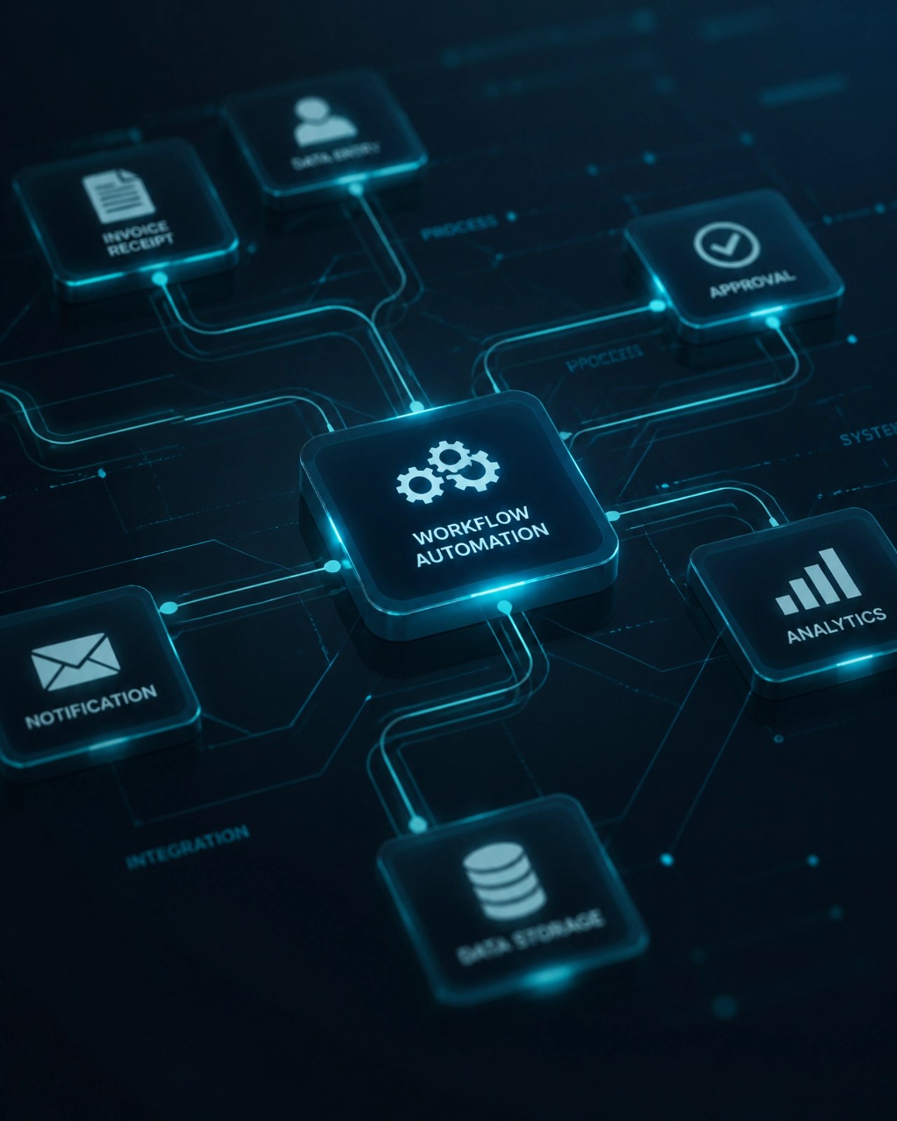 Abstract technical visual representing business workflow automation with sleek data lines and nodes