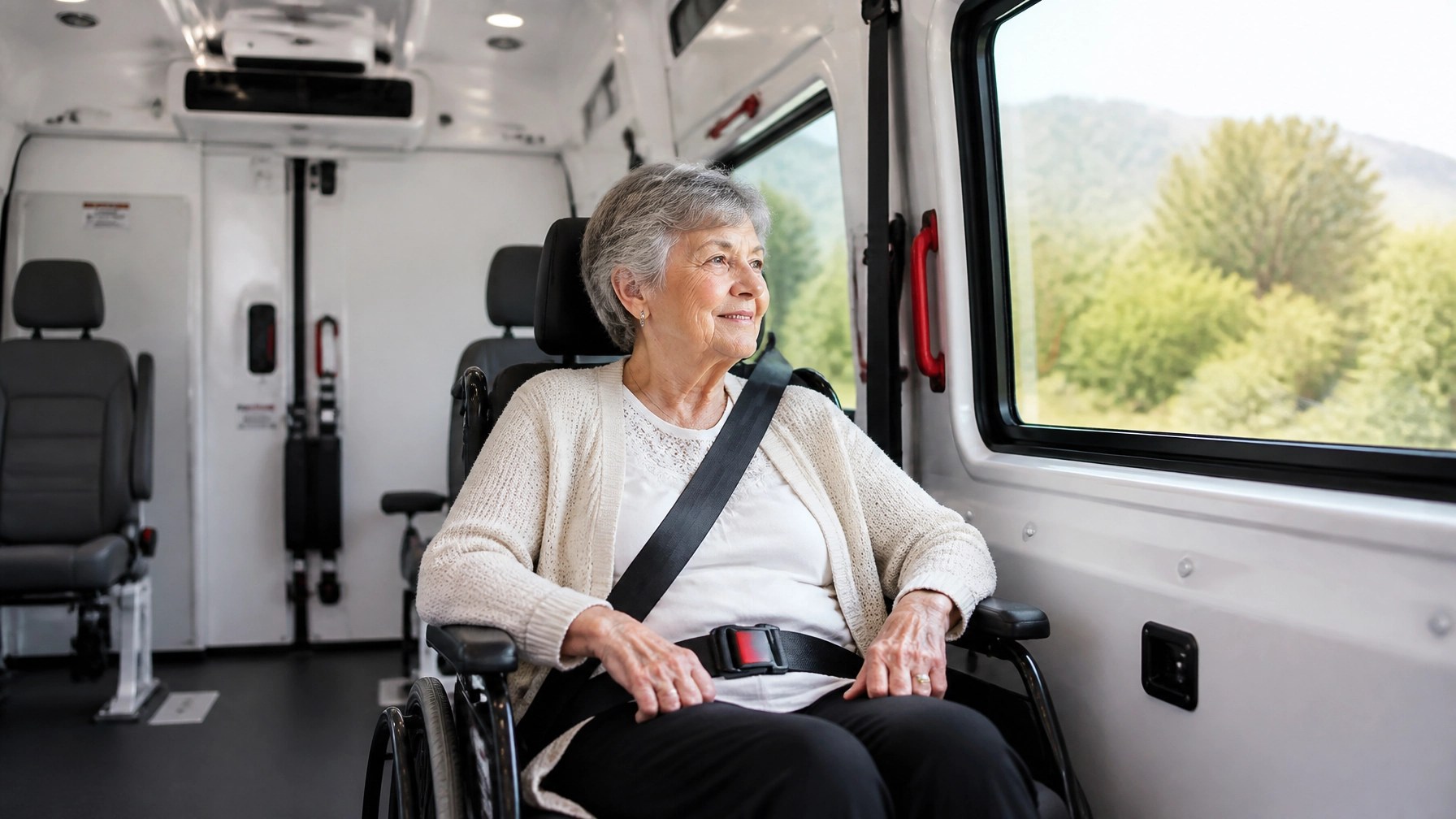 Happy patient in a wheelchair looking out the van window