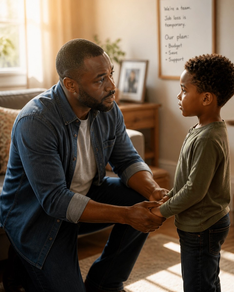 A black father kneeling down to talk gently to his young son in a sunlit living room.