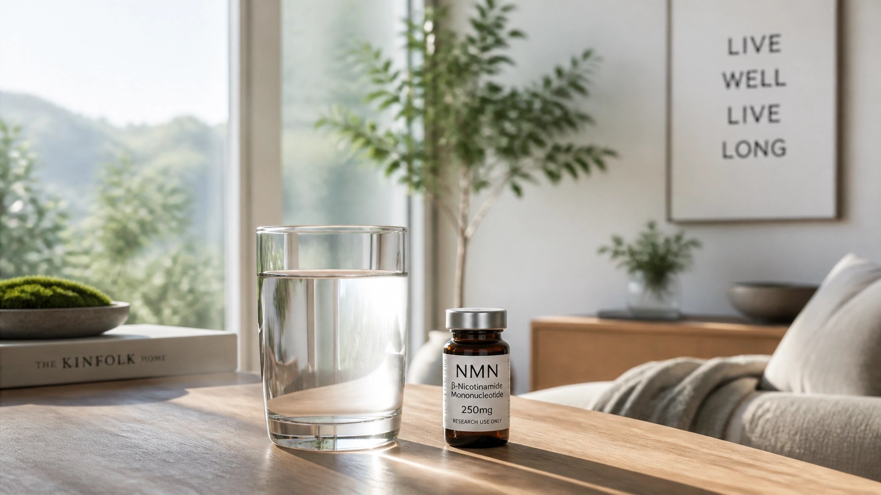 Modern, minimalistic lifestyle scene representing longevity and vitality