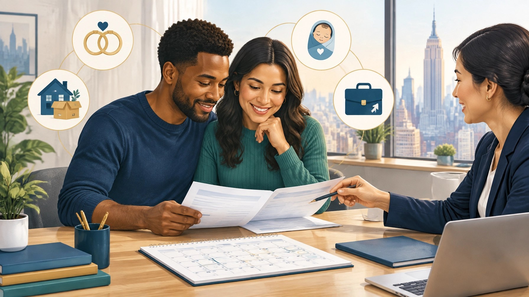 New York couple reviewing qualifying life event documents and enrollment dates