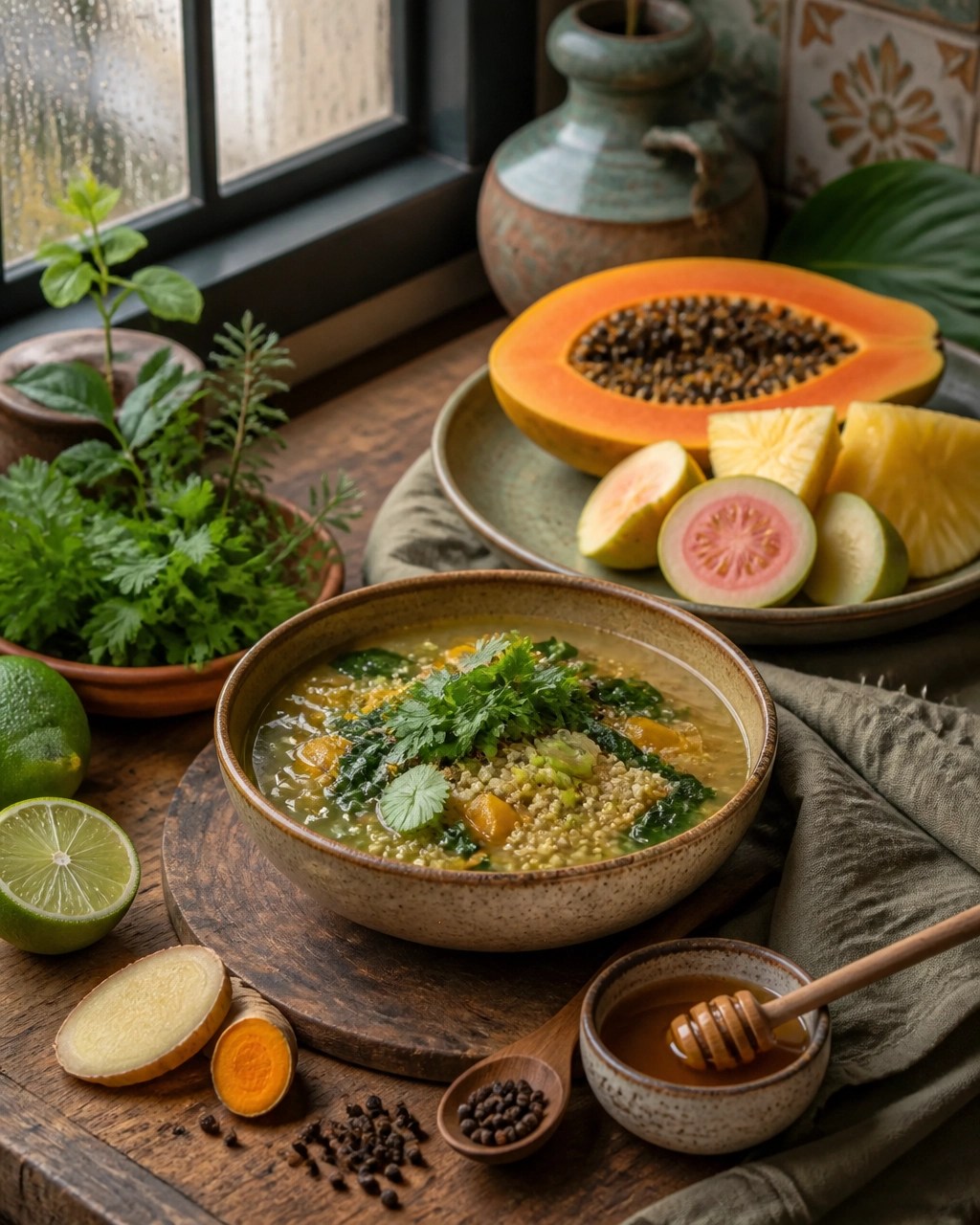 Plato ligero de quinoa, verduras de hoja, jengibre, cúrcuma, pimienta, papaya, piña y guayaba para una alimentación ayurvédica durante las lluvias