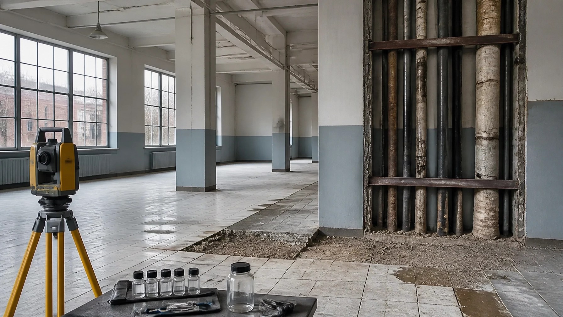Westchester commercial building interior prepared for renovation with asbestos survey equipment