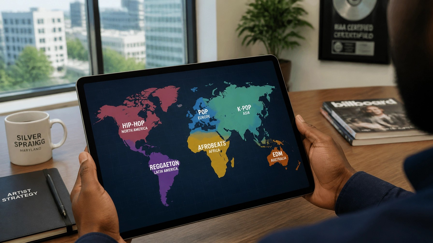 A world map displayed on a tablet screen, highlighting the global reach of independent music in 2026