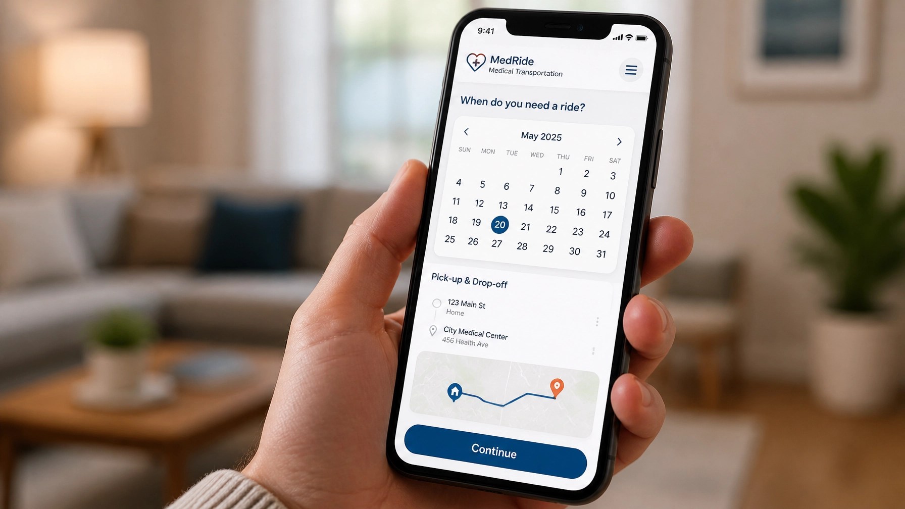 A hand holding a smartphone with a clean, easy-to-use booking interface.