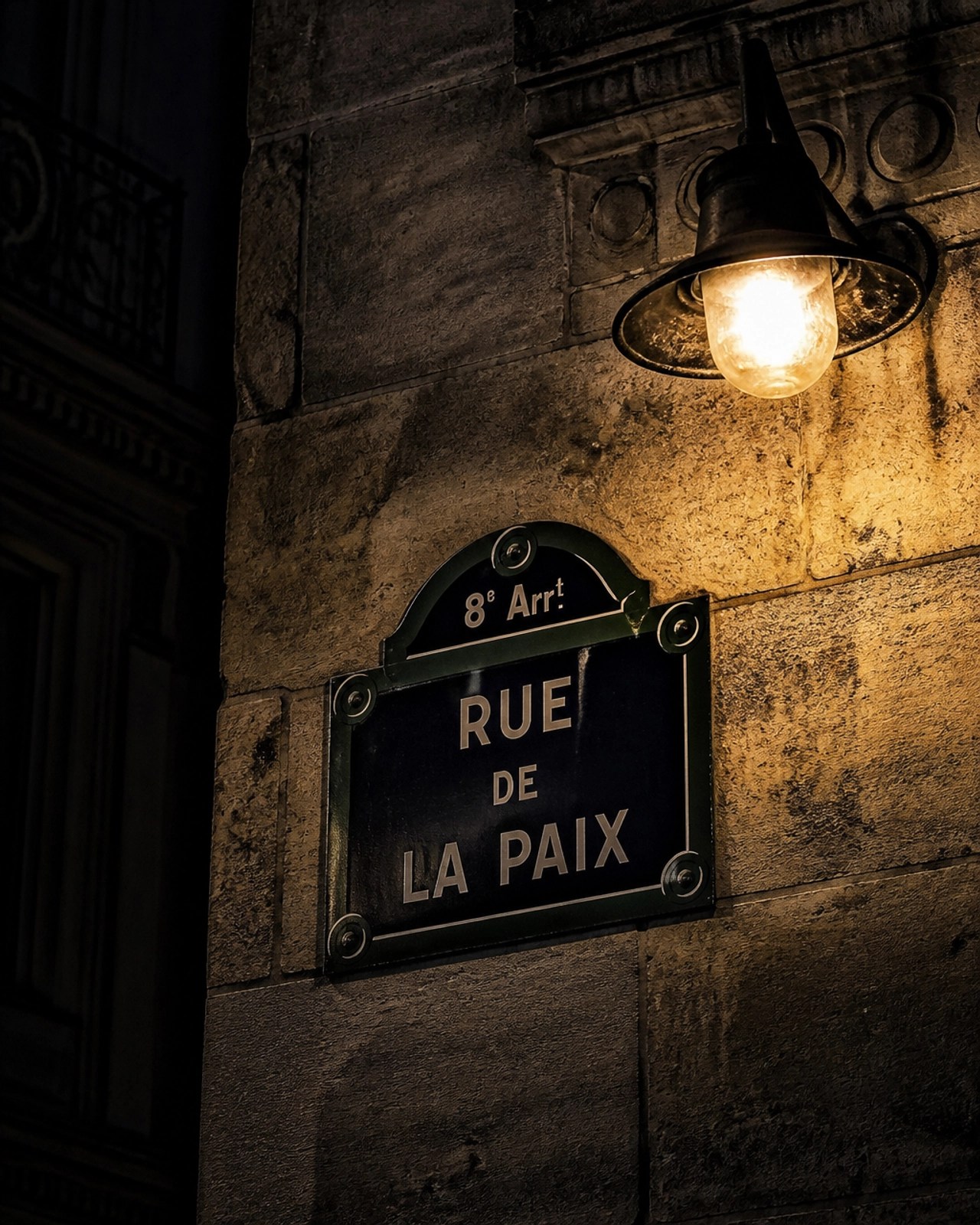 A close-up of a Parisian street sign under a dim yellow lamp at night.