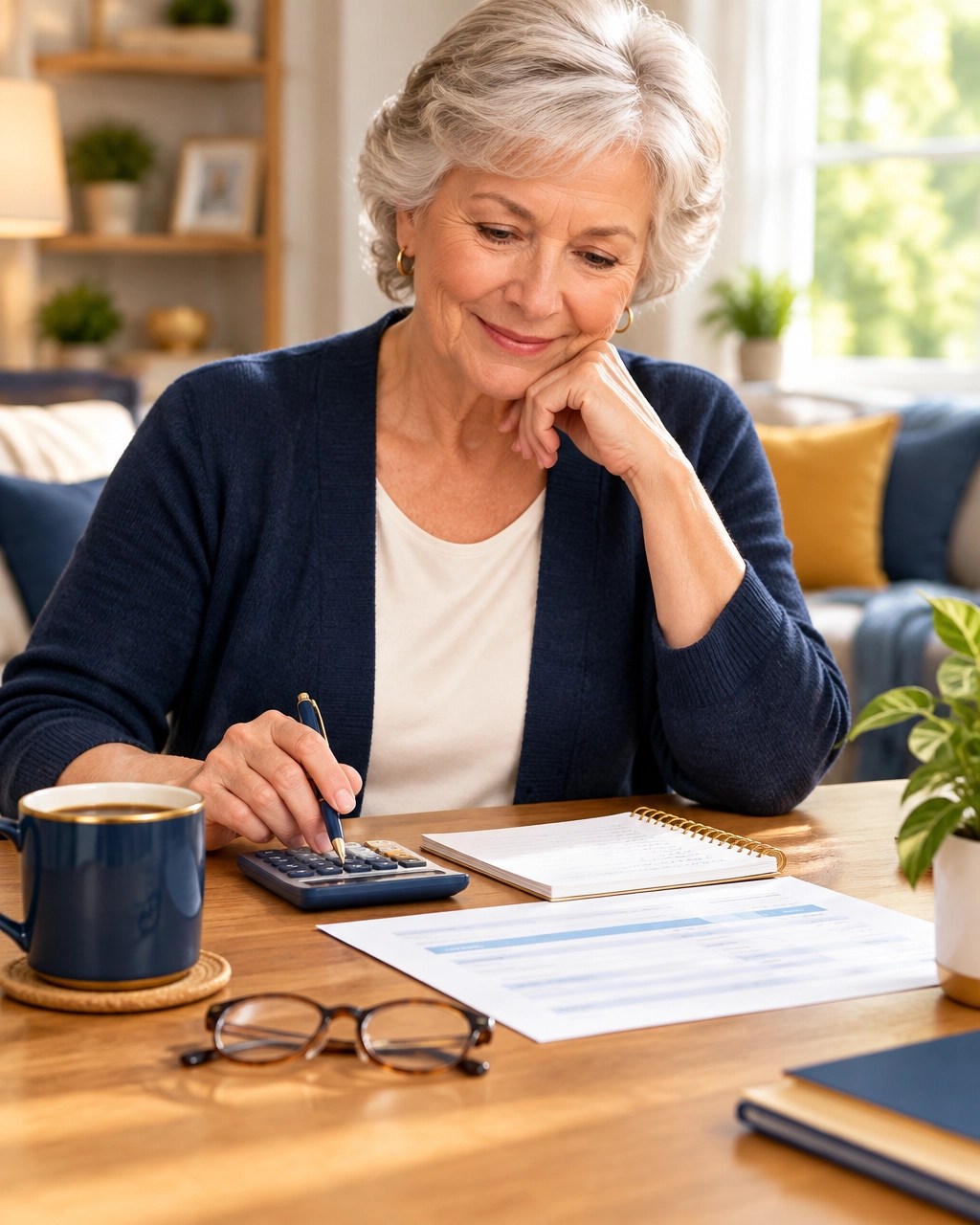 Older woman reviewing a monthly budget and calculator at home