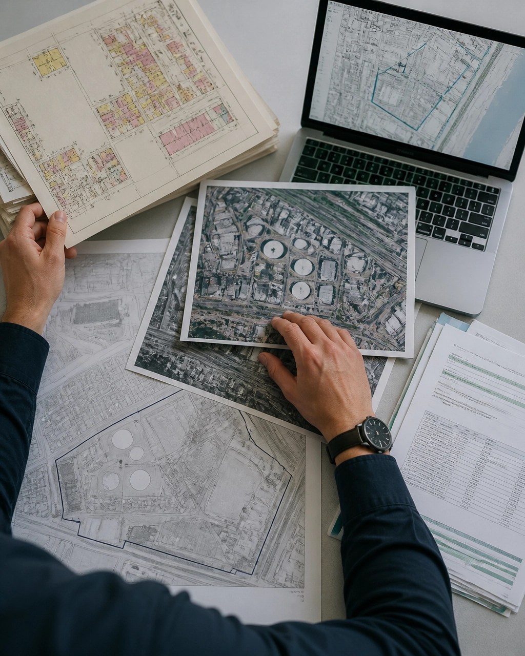Environmental professional reviewing historic maps, aerial photographs, regulatory records, and a GIS property plan for a Phase I ESA
