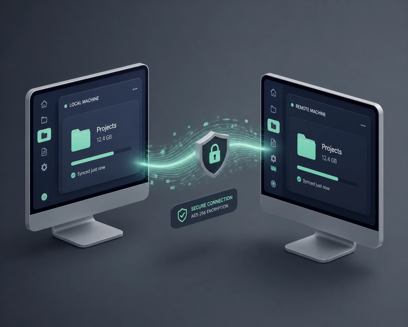Secure remote connection between two computer monitors illustrating Microsoft Quick Assist tech support.