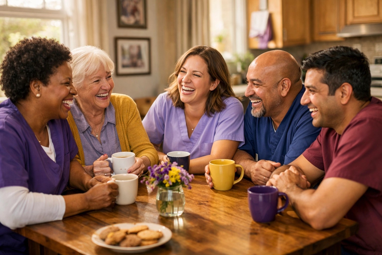 Diverse home health caregivers sharing coffee and laughter as a supportive team